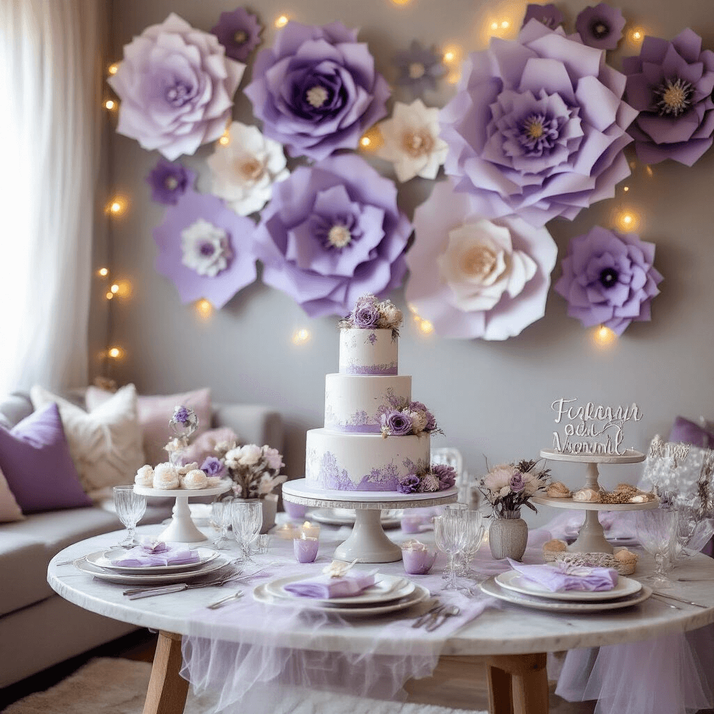 A cozy living room baby shower scene featuring oversized paper flowers and geometric shapes in lavender and silver, with tiered cakes on marble stands, personalized signage, and elegant place settings, all illuminated by fairy string lights and adorned with sheer drapery.
