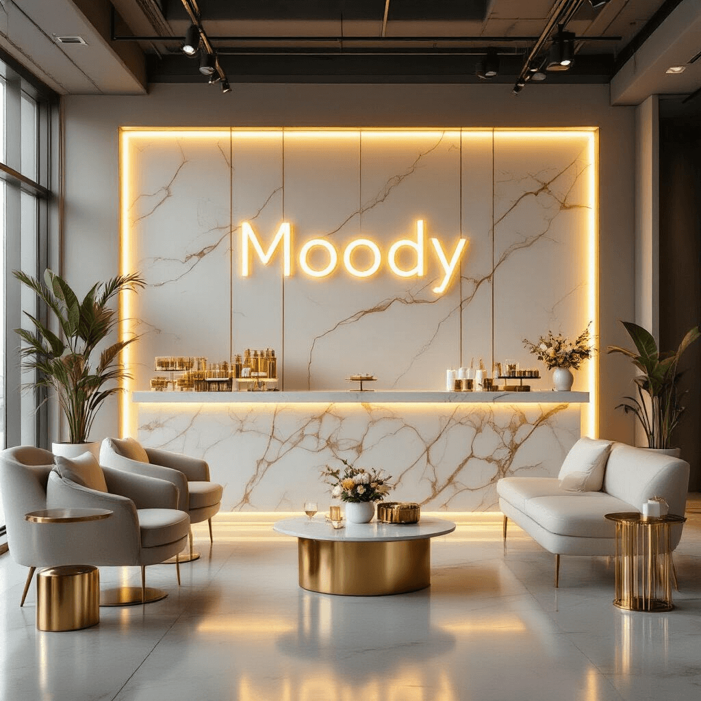 Moody cinematic shot of a modern corporate event featuring a minimalist backdrop in gold and ivory, sleek furniture, professional lighting, neon signage, and elegant refreshments on marble countertops.