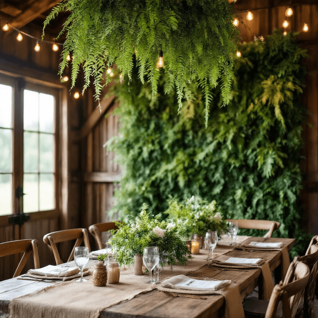 Close-up view of a rustic barn wedding setting with a living plant wall backdrop, hanging ferns, wooden farm tables with burlap linens, mason jar centerpieces, and vintage brass accents, all illuminated by natural sunlight and string lights.