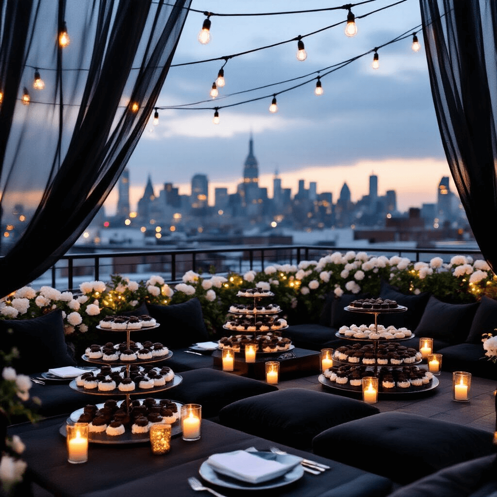 Intimate rooftop terrace at dusk with low tables, velvet black cushions, and dark chocolate desserts, illuminated by string lights against an urban skyline, featuring sheer black drapery, metallic silver place settings, and fresh white flowers.