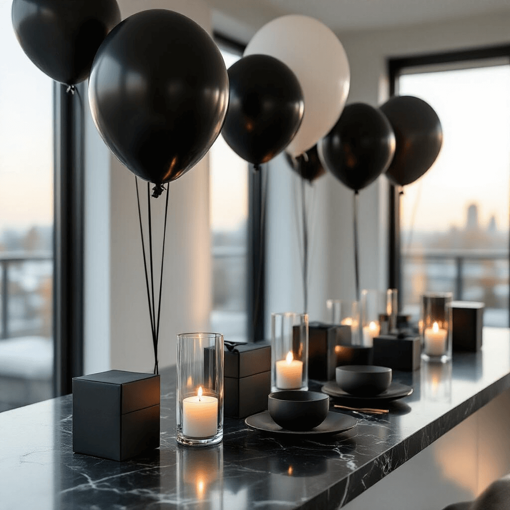 Close-up of a modern apartment featuring black marble countertops adorned with monochrome balloon installations, illuminated by soft morning light from floor-to-ceiling windows, highlighting sleek ceramics and geometric candle arrangements, with custom matte black party favors accented in metallic gold.