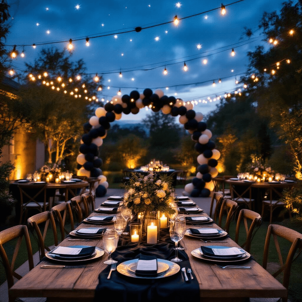 A stylish backyard celebration features rustic wooden tables adorned with elegant black silk table runners and silver charger plates, surrounded by ambient lighting from lanterns and candles under a fairy-lit night sky, with balloon arches in gradient blacks framing the setup.