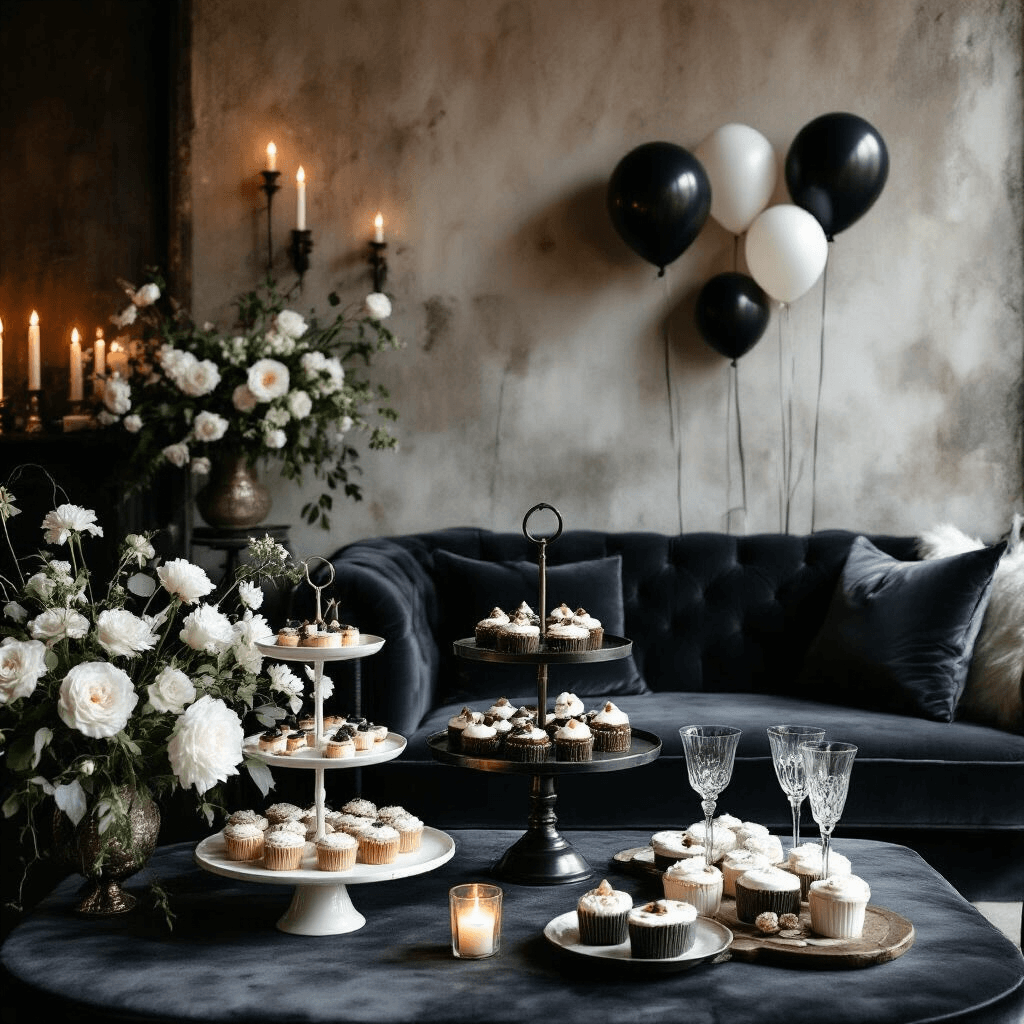 Moody living room transformed into an intimate party space with deep charcoal velvet furniture, artistic dessert displays, soft candlelight highlighting textured walls, fresh white florals, vintage glassware, and monochrome balloon-themed wall decor.