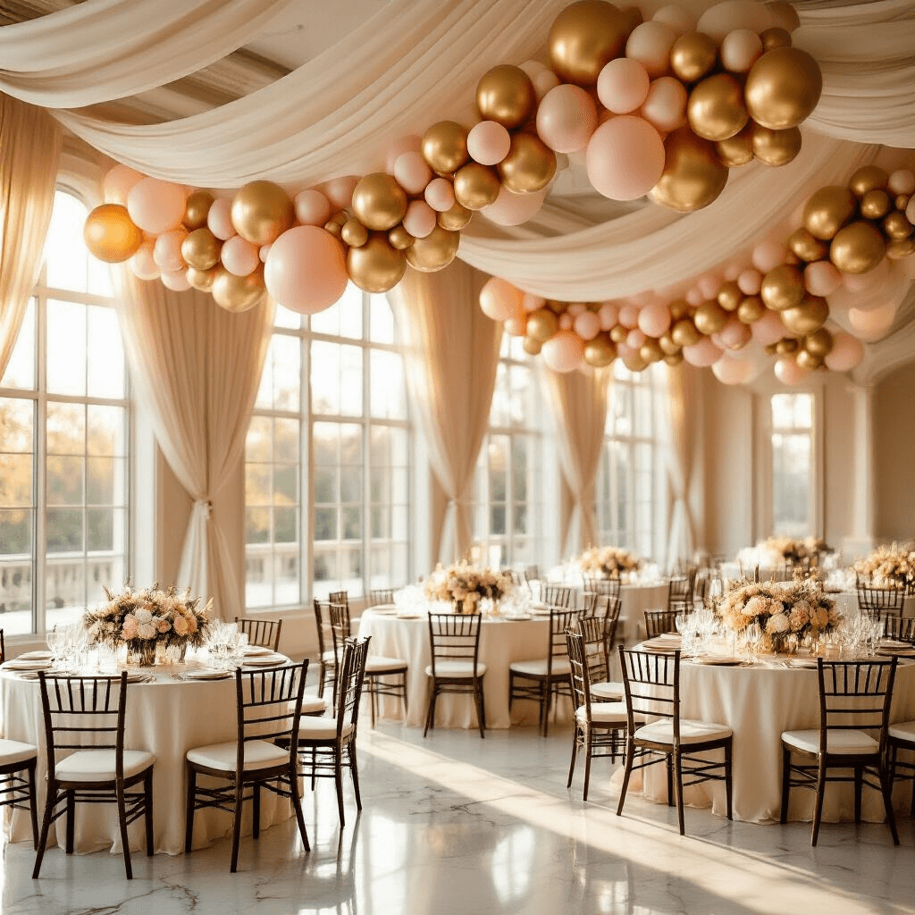 Cinematic wide-angle view of an elegant ballroom during golden hour, showcasing a balloon garland of metallic gold and blush pink balloons, round tables with ivory linens, crystal glassware, and white floral centerpieces, all illuminated by soft natural light through tall windows.