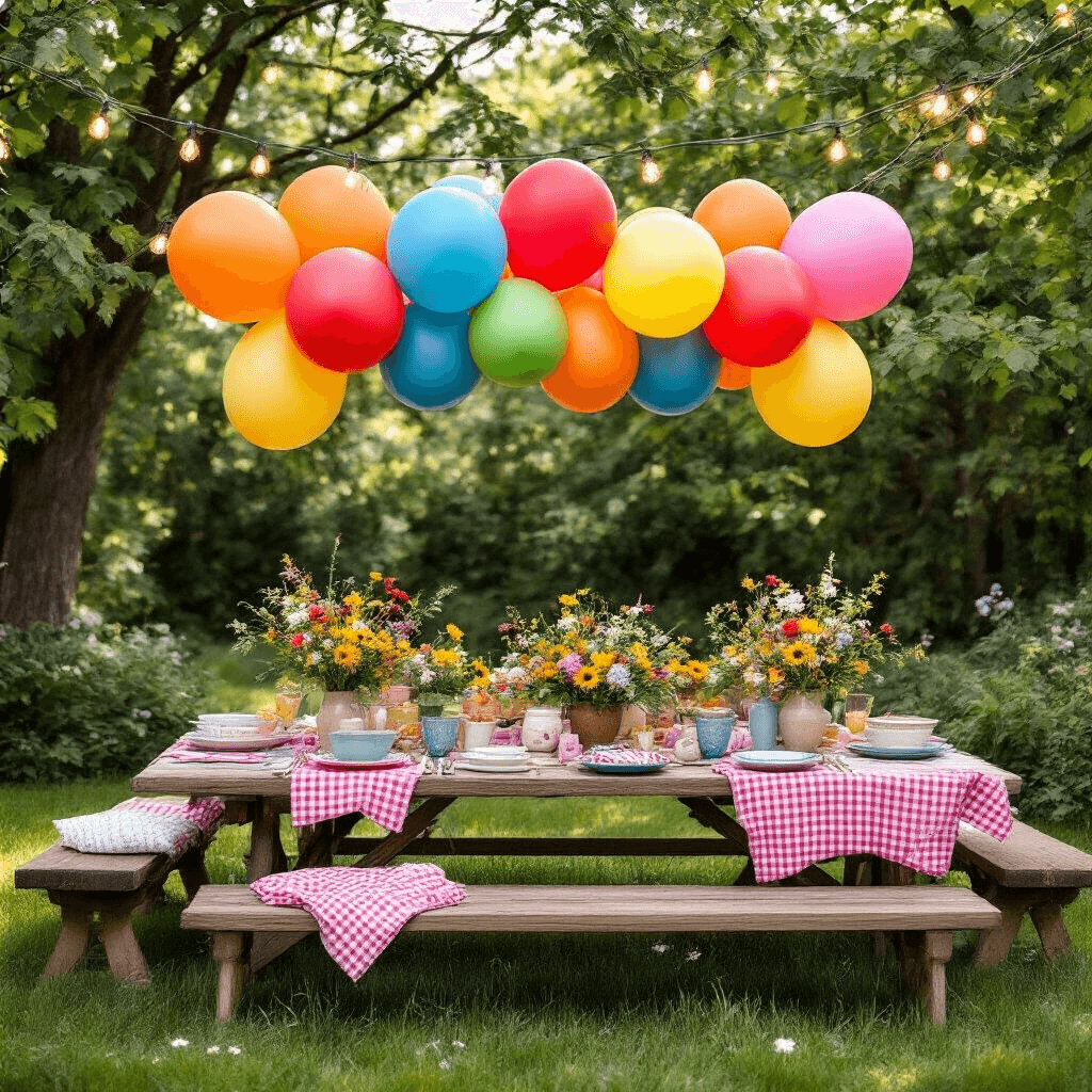 Overhead view of a whimsical garden party featuring vibrant 15-inch latex balloons in primary colors, rustic wooden balloon weights, low picnic tables with gingham linens, ceramic dishware, wildflower arrangements on emerald grass, and twinkling fairy lights in soft morning light.