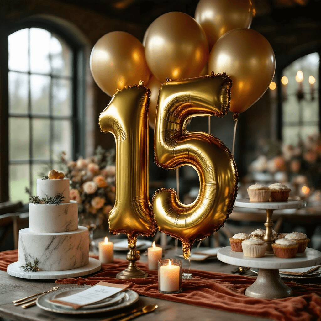 Close-up of a milestone birthday celebration featuring gold foil number 15 balloons, with a terracotta and sage color palette, velvet table runners, brass candlesticks, and marble cake stands, all set in a moody candlelit dining nook with personalized place settings and custom party favors.
