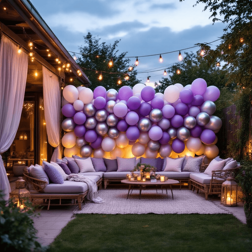 A wide view of a stylish backyard celebration featuring a balloon wall backdrop of biodegradable lavender and silver balloons, cozy lounge seating with plush cushions, sheer drapery, and layered textiles, illuminated by twinkling fairy lights as dusk falls.