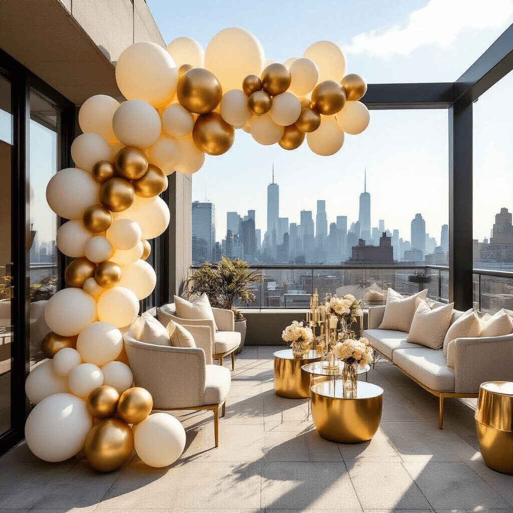 A modern apartment rooftop terrace party featuring sophisticated cream and gold balloon arrangements, sleek furniture, geometric installations, and minimalist decor under the midday sun, with an urban skyline backdrop and carefully curated styling details.