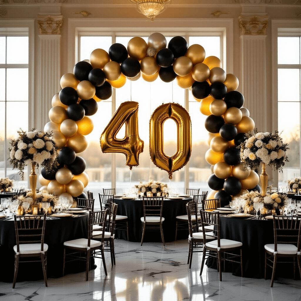 Elegant indoor ballroom at golden hour with a glamorous balloon arch in gold, black, and silver, large metallic '4' and '0' balloons, round tables with silk black linens, crystal glassware, and marble floors reflecting the décor.
