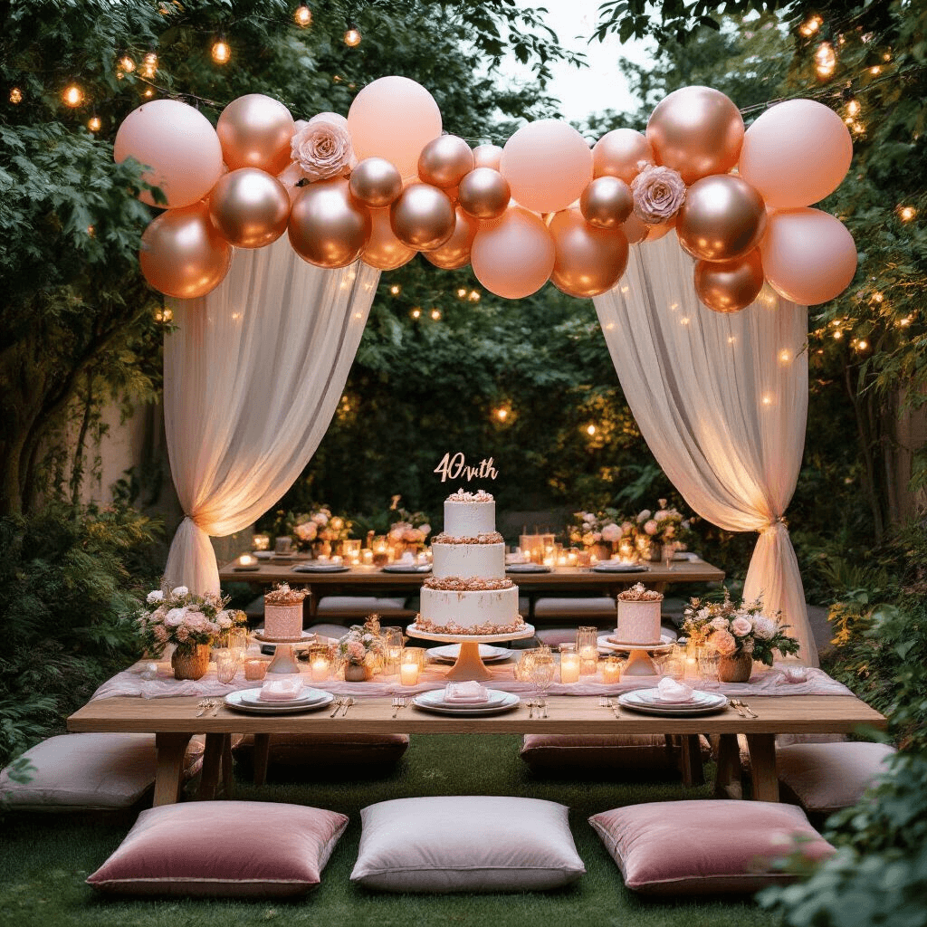 Overhead view of a chic backyard 40th birthday celebration with rose gold and blush balloon clusters, low picnic tables with velvet cushions, sheer drapery for intimate dining, tiered cake displays, soft candlelight, and DIY balloon quads amidst lush greenery.