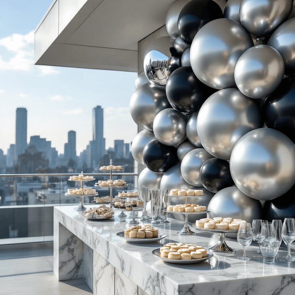 Close-up of a luxury balloon installation featuring chrome and monochrome balloons on a modern rooftop terrace, with marble countertops and contemporary glassware reflecting sunlight against an urban skyline.