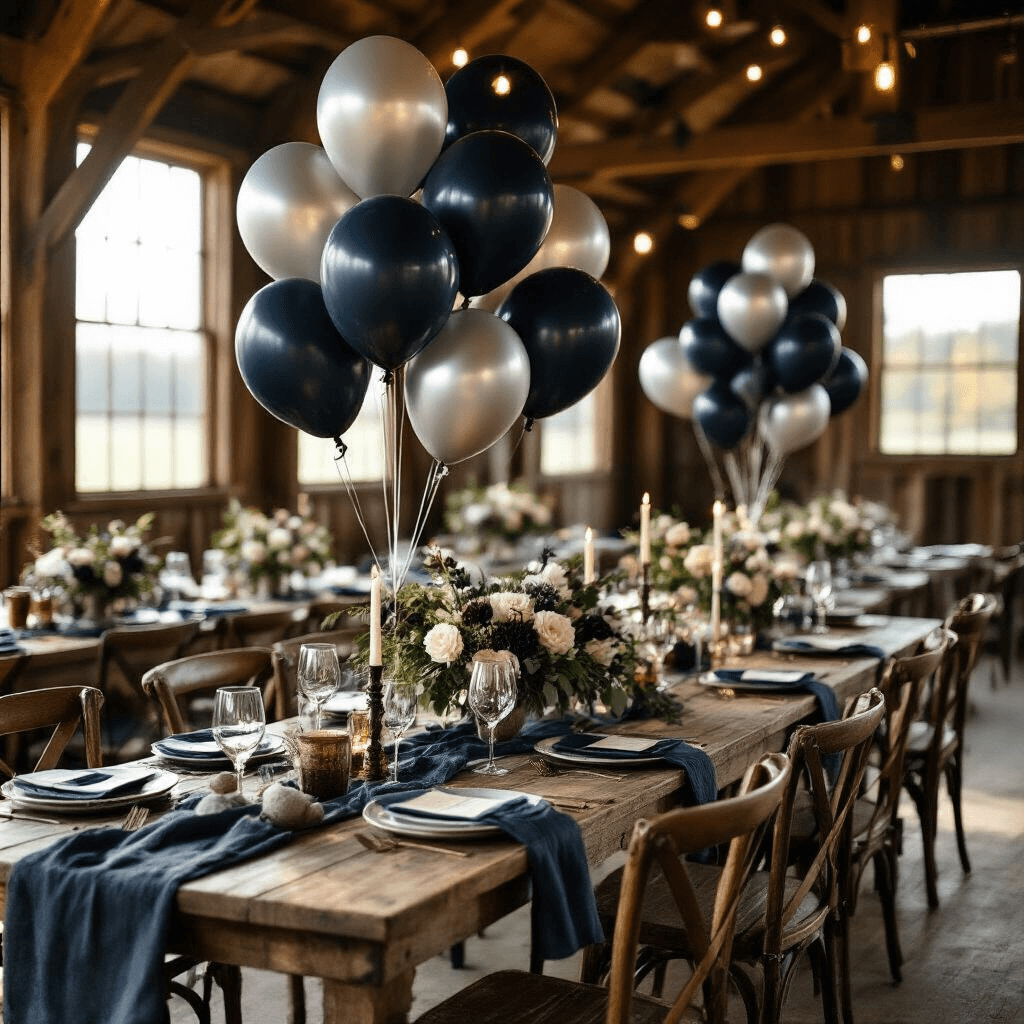 Cinematic wide shot of a rustic barn celebration in soft morning light, featuring navy, silver, and black balloon arrangements, whiskey glass props, and vintage decor. Wooden tables are adorned with rich textured textiles, fresh florals, and ambient lighting, all framed by rustic beams.