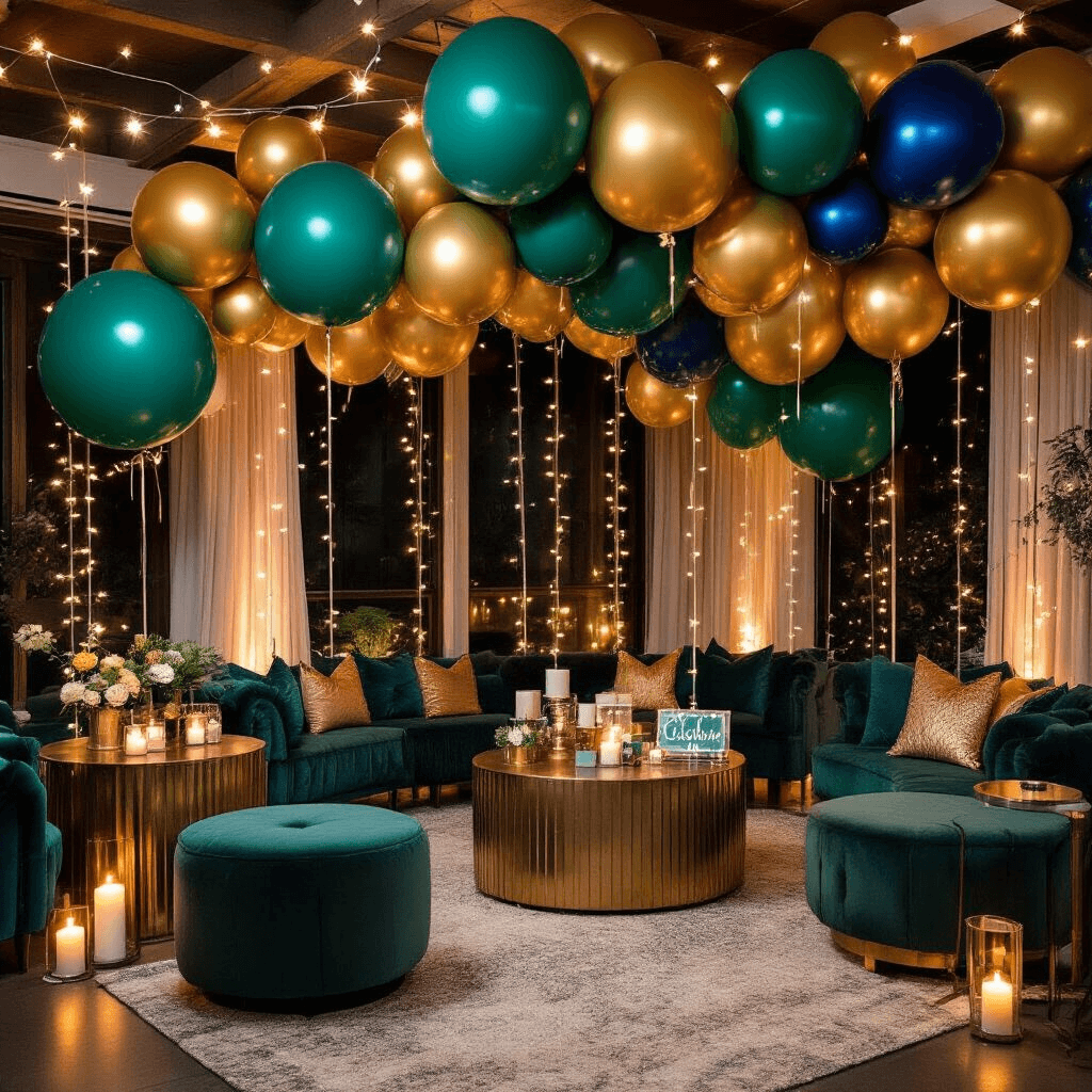 A cozy living room adorned with bold jewel-tone balloon displays in emerald, sapphire, and gold, illuminated by fairy lights. Round tables set for an intimate gathering feature custom signage and gift displays, surrounded by plush seating areas with velvet cushions and ambient candle lighting, creating a festive atmosphere for a celebration.