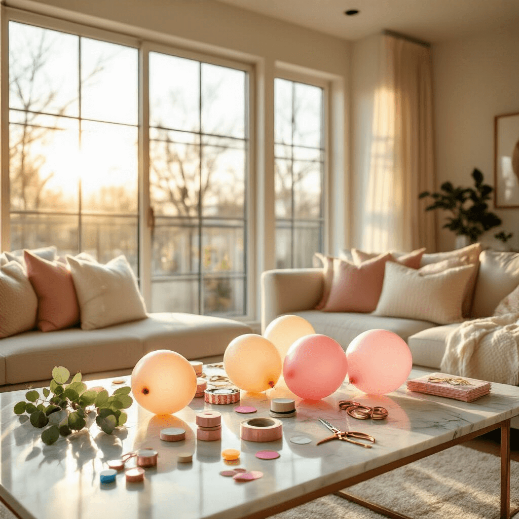 A modern apartment living room decoratively prepared for a party, featuring a marble coffee table adorned with blush pink and cream latex balloons, balloon glue dots, double-sided tape, and party supplies, all bathed in golden hour sunlight with soft shadows and a clean minimal aesthetic.