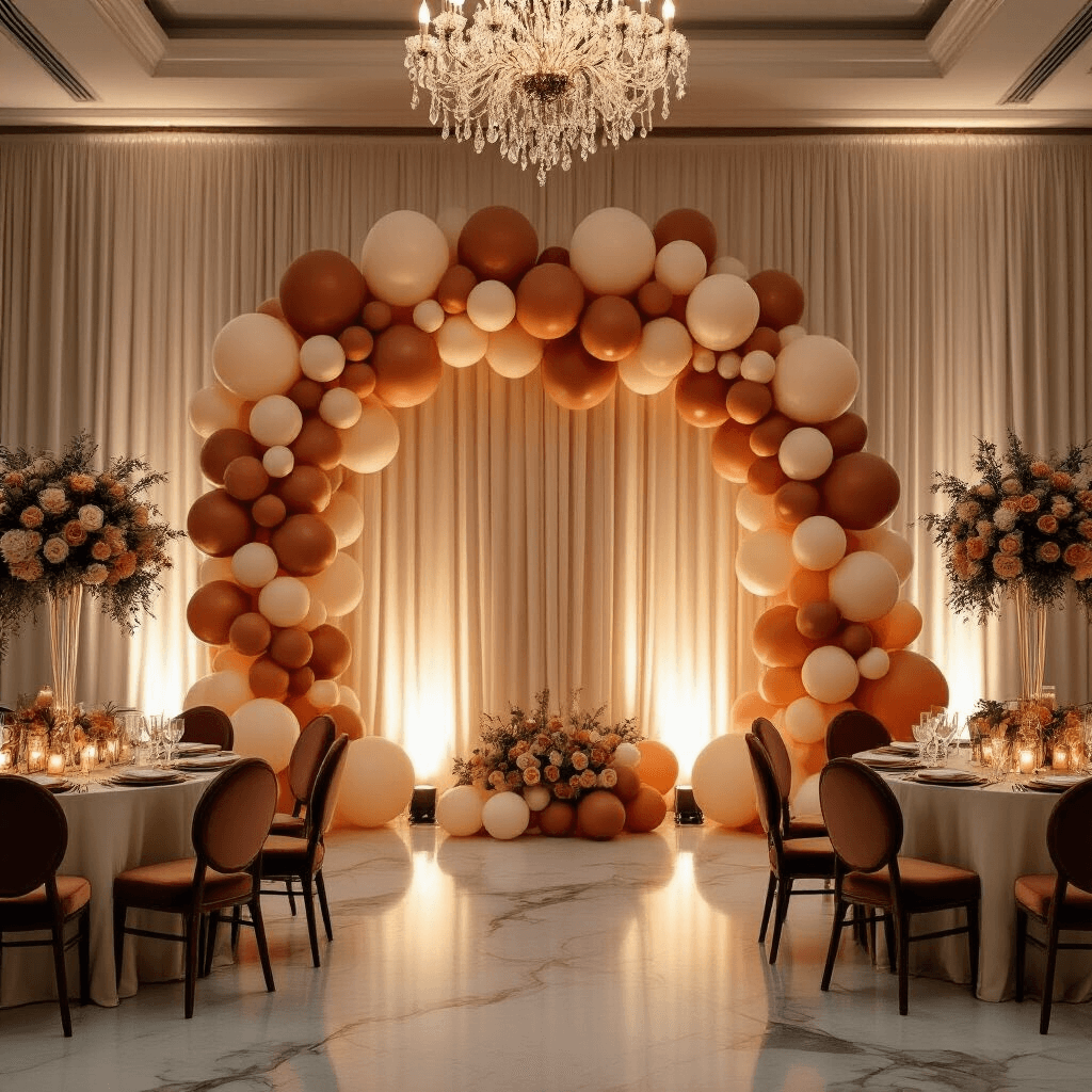 Elegant ballroom setup for an evening event featuring a terracotta and sage balloon wall against a cream backdrop, adorned with silk drapery. Round tables with velvet chairs, fairy lights, floral centerpieces, and polished marble floors reflect warm candlelight, enhancing the luxurious atmosphere.