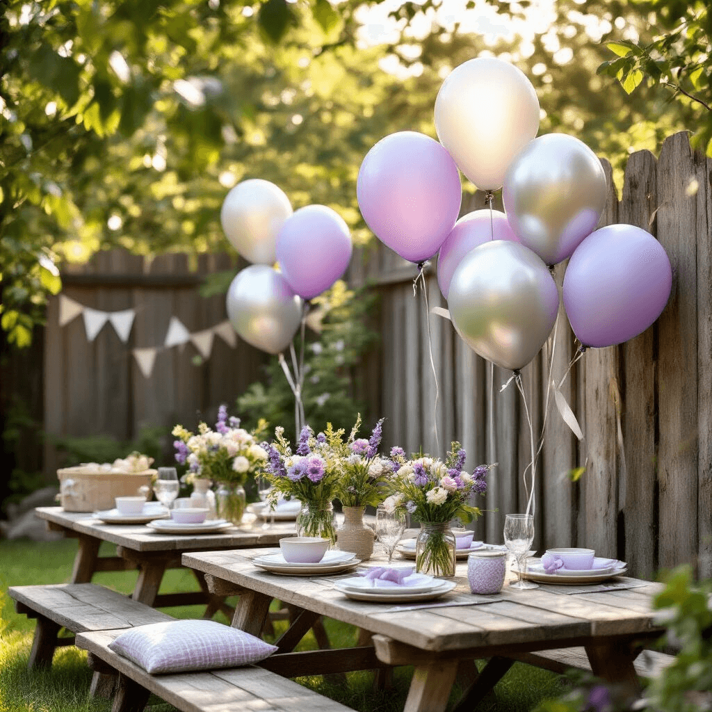 Close-up of a stylish backyard garden party setup, showcasing balloon mounting techniques with painter's tape securing lavender and silver balloons to rustic wooden fence panels, picnic low tables with ceramic place settings, mason jar floral centerpieces, and whimsical decor elements in soft morning light.