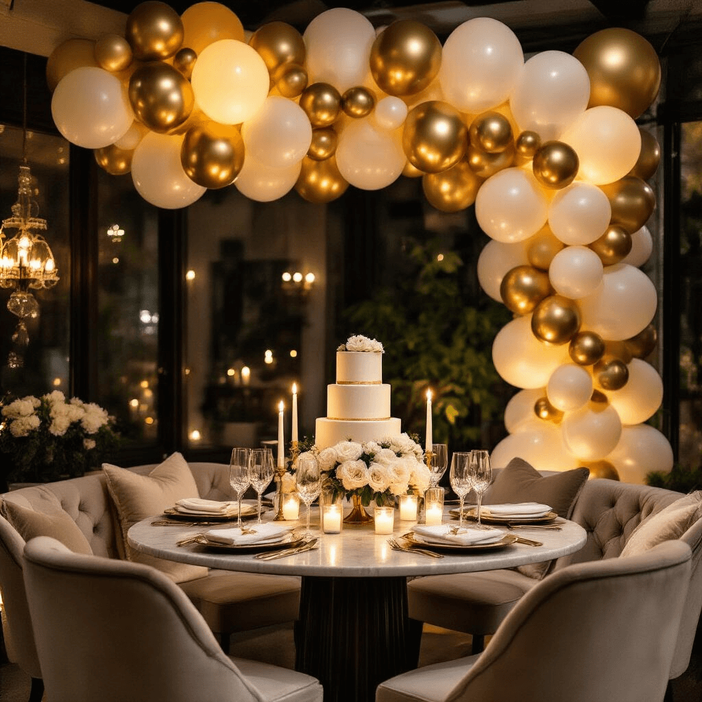 Cozy dining nook with a balloon garland and tiered birthday cake, adorned with gold and ivory tones, featuring velvet chairs, crystal glassware, and candlelight for an elegant celebration atmosphere.