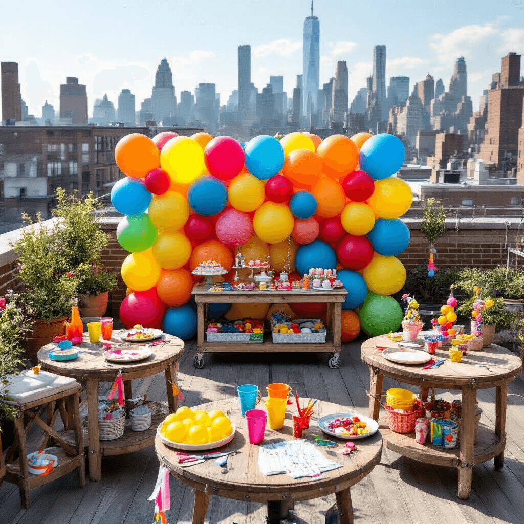 A vibrant rooftop terrace set for a children's midday celebration, featuring a balloon wall setup with bold primary colors, playful clusters secured with glue dots, and organized backup supplies on a rustic cart. Round tables display ceramic plates and colorful plastic cups, while streamers and balloons sway in the fresh breeze against a city skyline backdrop, all illuminated by bright natural sunlight.