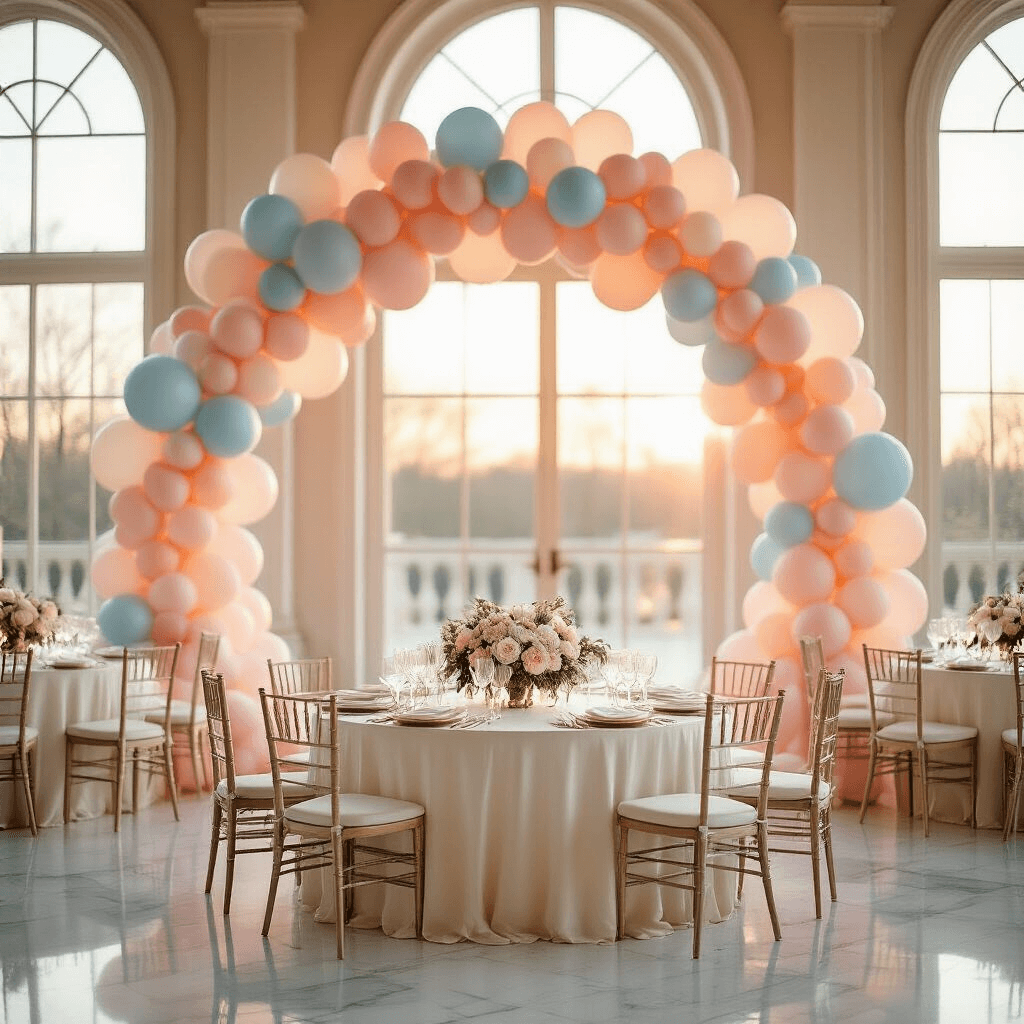 Elegant ballroom during golden hour with a pastel balloon arch, round tables in silk ivory linens, crystal glassware, and floral centerpieces, reflecting marble floors.