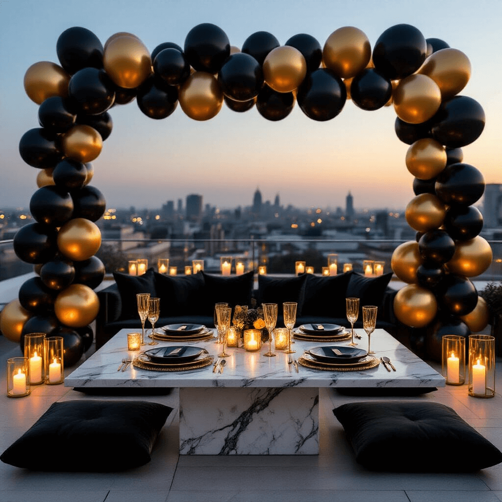 Luxurious rooftop terrace set up for a birthday celebration, featuring a dramatic black and gold backdrop of metallic balloons, low marble tables with velvet black cushions, chrome gold place settings, glowing LED number balloons, silk table runners, crystal champagne flutes, and elegant candle arrangements casting warm shadows in a candlelit evening.
