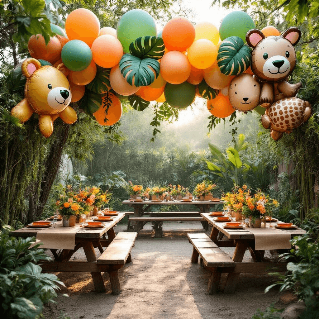 A whimsical garden party with jungle-themed balloon decorations, featuring animal-shaped foil balloons and leaf-print latex balloons. Rustic wooden picnic tables adorned with kraft paper runners, tropical florals, bamboo plates, and decorative vines in a cozy backyard setting under soft morning light.