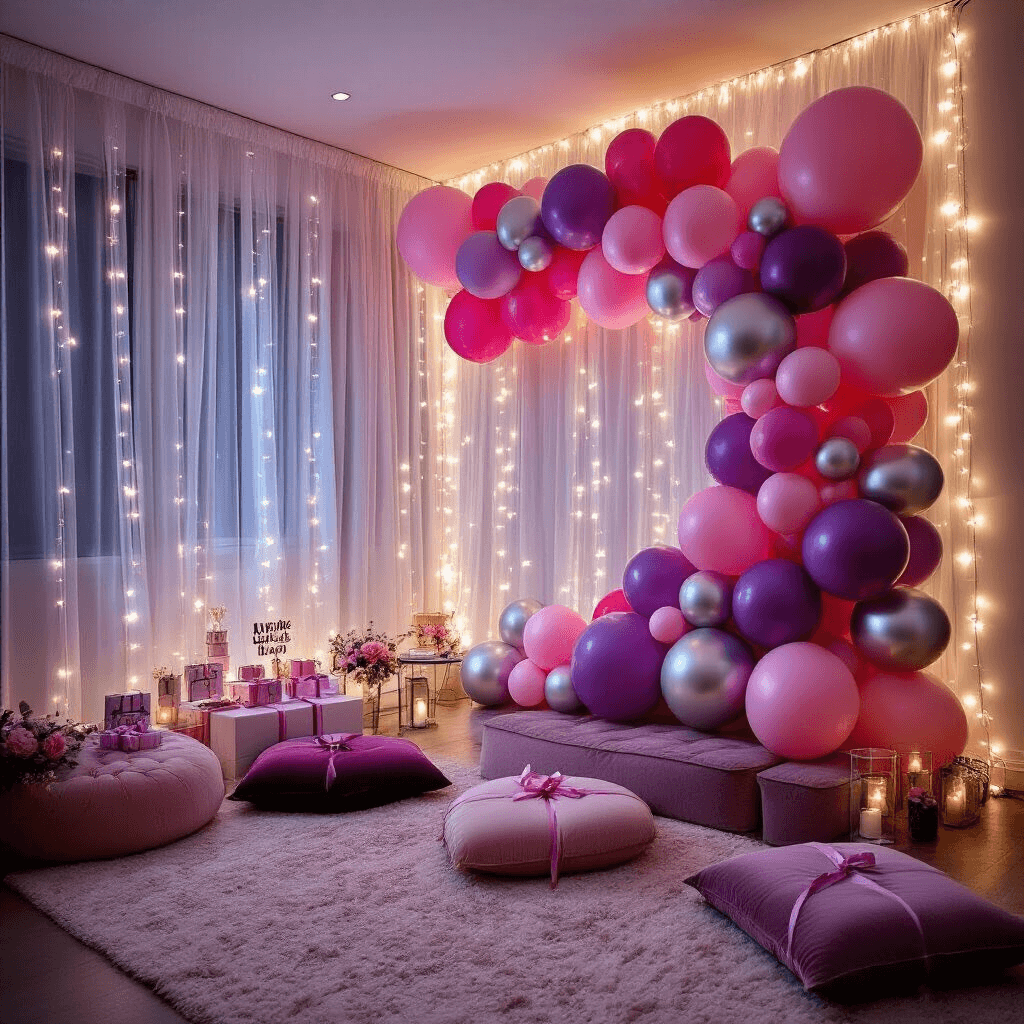 Detail of a modern apartment balloon wall in pink, purple, and silver, with a sheer drapery backdrop adorned with fairy lights, velvet cushions, personalized signage, and gift tables, creating an intimate environment for selfies.