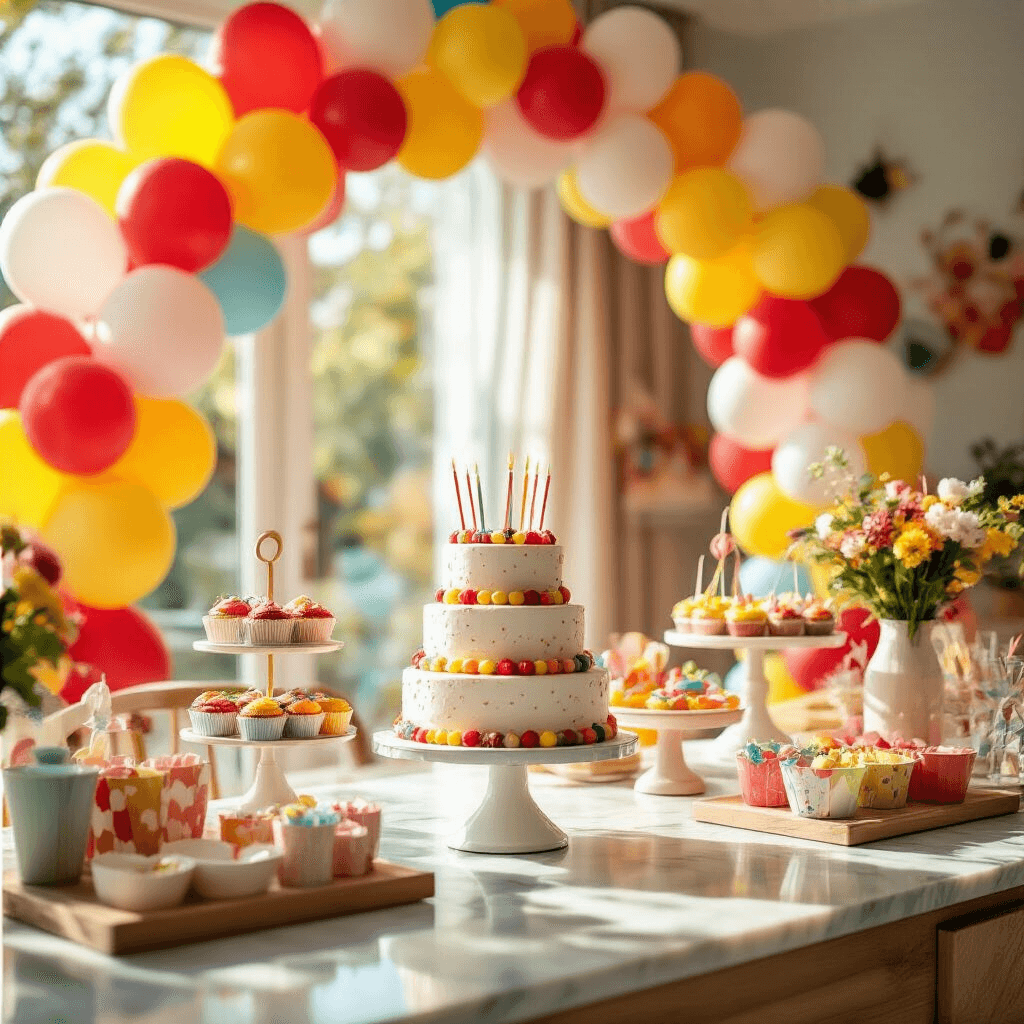 Close-up shot of a stylish living room decorated for a children's party, featuring a vibrant balloon arch in red, white, and yellow, a tiered birthday cake on marble countertops, colorful streamers, custom party favors, and playful wall decor, all illuminated by natural midday sunlight.
