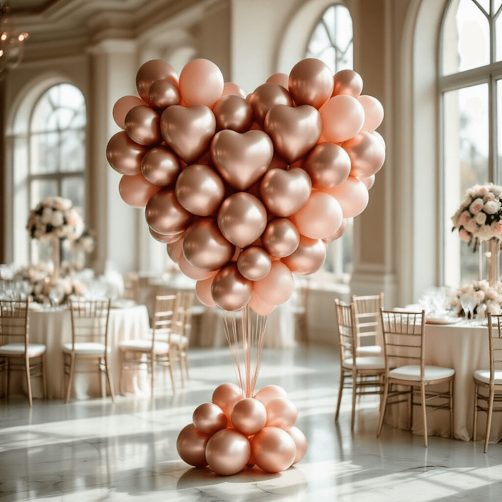 Elegant indoor ballroom scene featuring a heart-shaped balloon bouquet centerpiece in rose gold and blush pink, with soft afternoon light filtering through tall windows, polished marble floors, ivory silk table linens, crystal glassware, and white roses, creating a luxurious and intimate atmosphere.