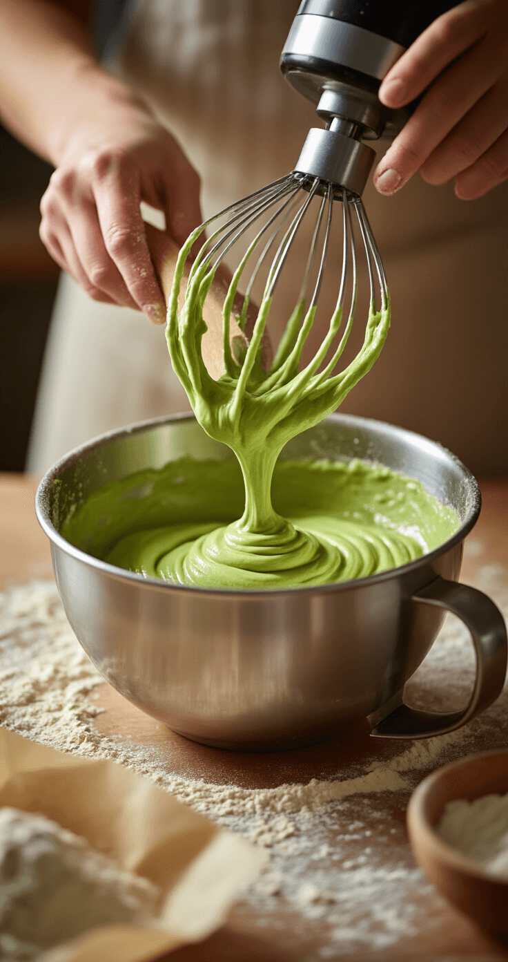 A close-up of hands gently folding vibrant green matcha batter in a stainless steel bowl, with flour particles in the air, an electric mixer nearby, and a prepared baking tin in the blurred background, all bathed in warm, diffused light.