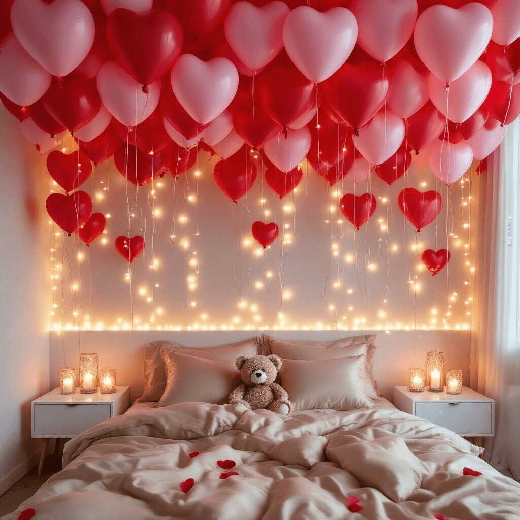 A modern bedroom filled with a sea of red and pink heart balloons, softly lit by candlelight and twinkling fairy lights, featuring champagne-colored silk bed linens, crystal votive holders casting shadows, and an adorable teddy bear nestled among the balloons.