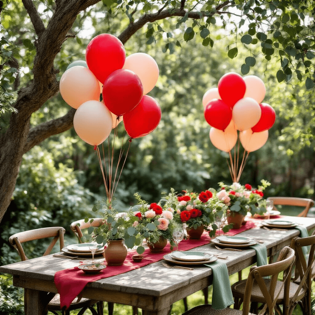 Charming garden party setup featuring rustic wooden tables adorned with terracotta and sage green linens, complemented by red heart balloons and vintage ceramic plates, with dappled sunlight filtering through tree branches and fresh eucalyptus garlands enhancing the intimate atmosphere.