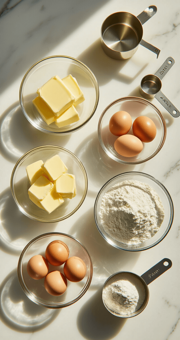 Cinematic overhead shot of a pristine marble kitchen counter with baking ingredients in glass bowls, including glistening butter, farm-fresh eggs, and fine white flour, all bathed in soft morning light.