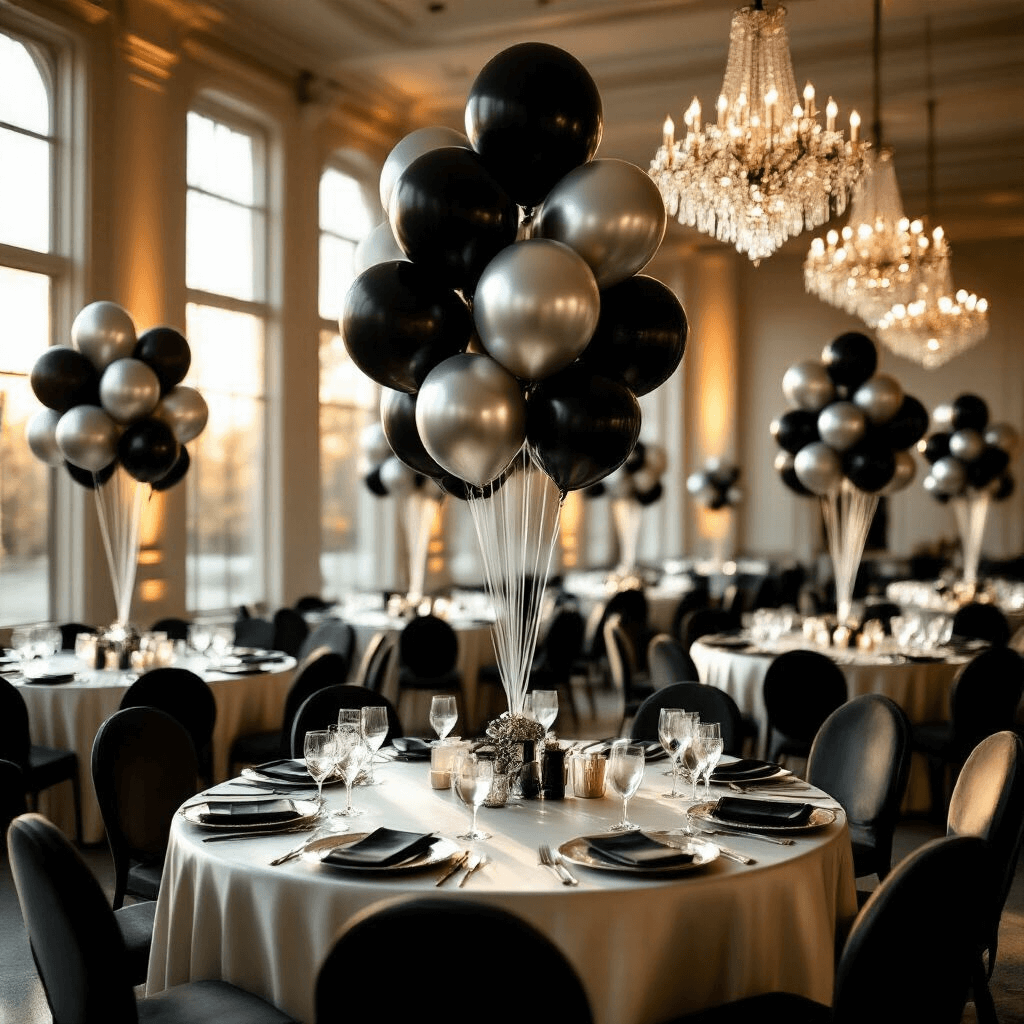 Cinematic wide-angle shot of an elegant ballroom at golden hour, featuring black and silver balloon arrangements, round tables with silk ivory linens, towering metallic and matte black balloon centerpieces, warm sunlight streaming through tall windows, crystal chandeliers, and luxurious velvet chairs with delicate silver charger plates and glassware.