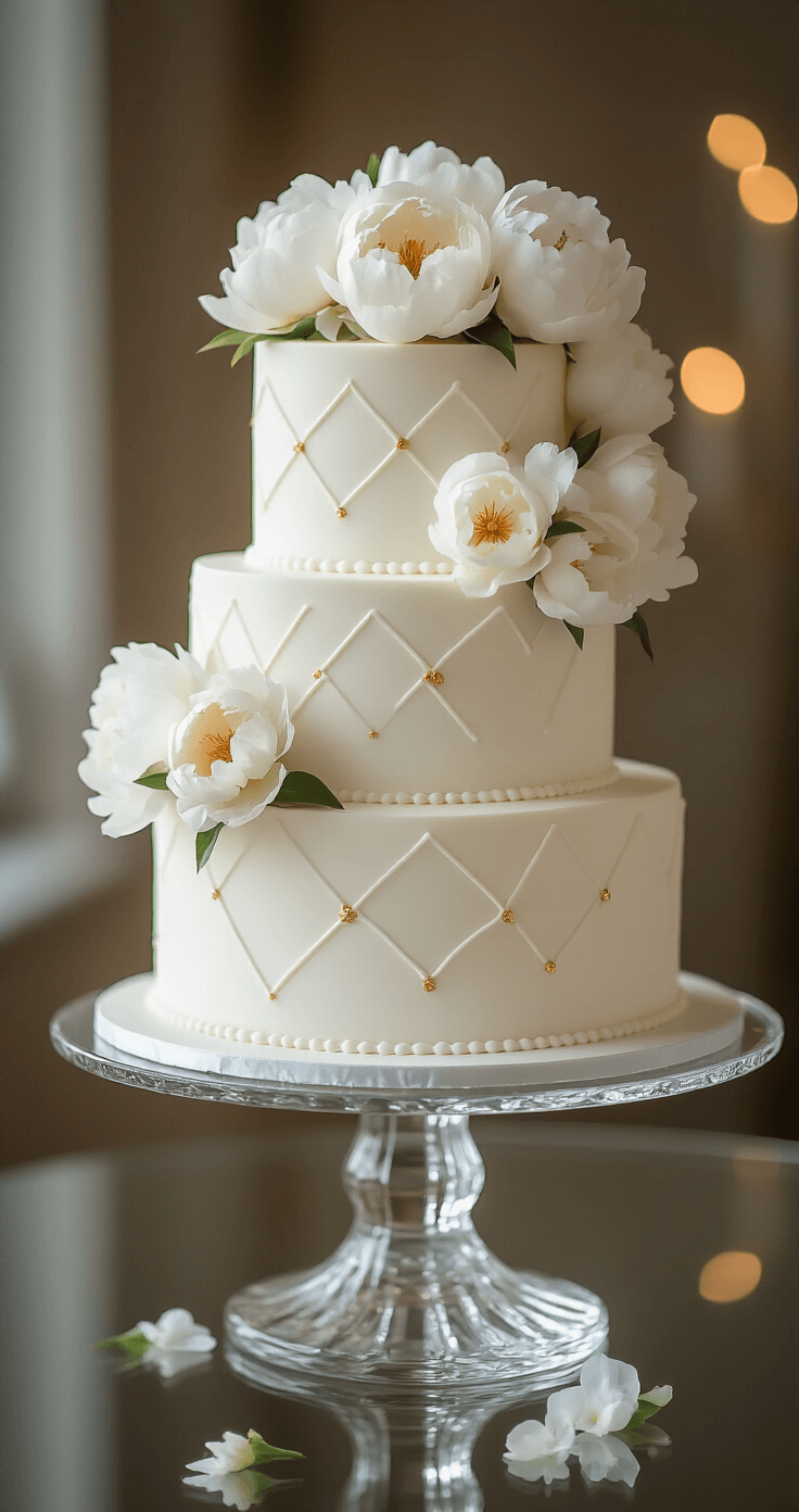 Ethereal three-tier wedding cake on a glass pedestal with white buttercream, geometric piping, fresh peonies, and edible gold leaf, set against a blurred bokeh background.