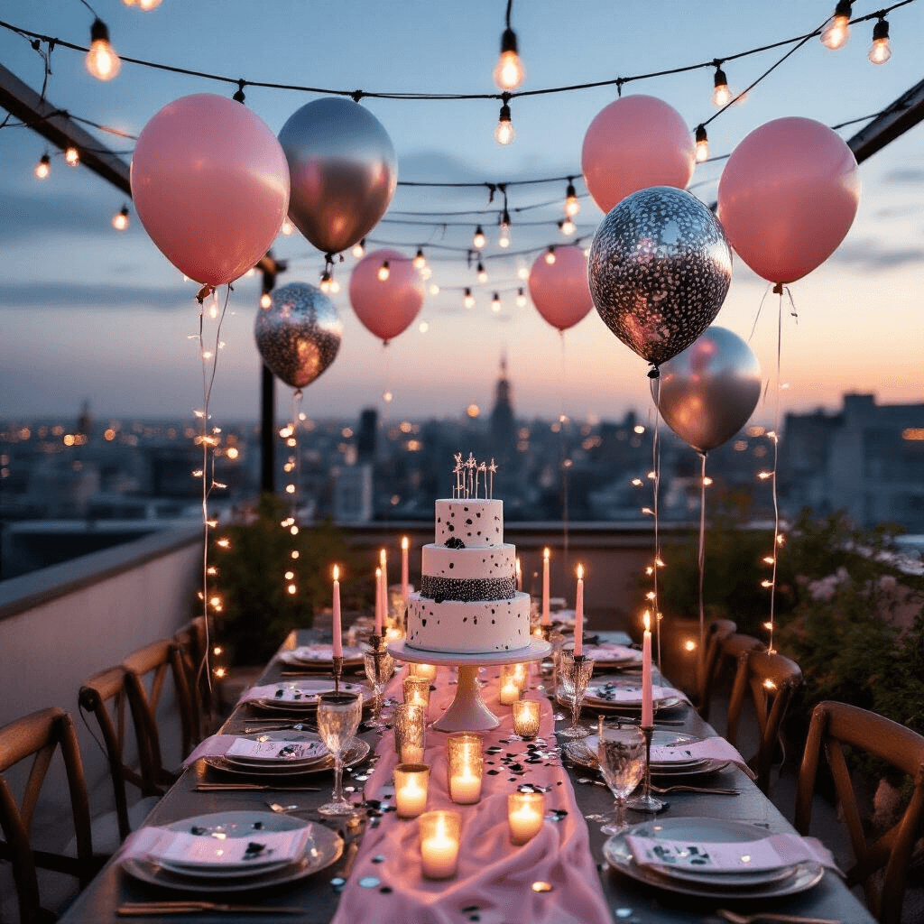 Overhead flat lay of a cozy rooftop terrace birthday celebration at twilight, featuring fairy lights, black and silver confetti-filled balloons, tiered marble cakes, blush pink and silver decor, silk table runners, ceramic dinnerware, metallic balloon clusters, and candle groupings against a dusky sky.