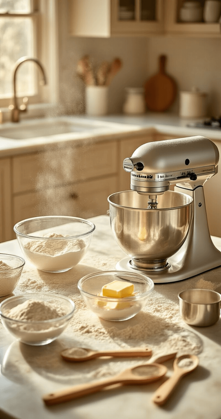 A warm golden kitchen with soft morning light, featuring a marble countertop filled with measured ingredients in glass bowls, a gleaming silver stand mixer, flour dust in the air, wooden utensils arranged neatly, and steam gently rising from warmed butter, evoking a feeling of anticipation for wedding cake preparation.