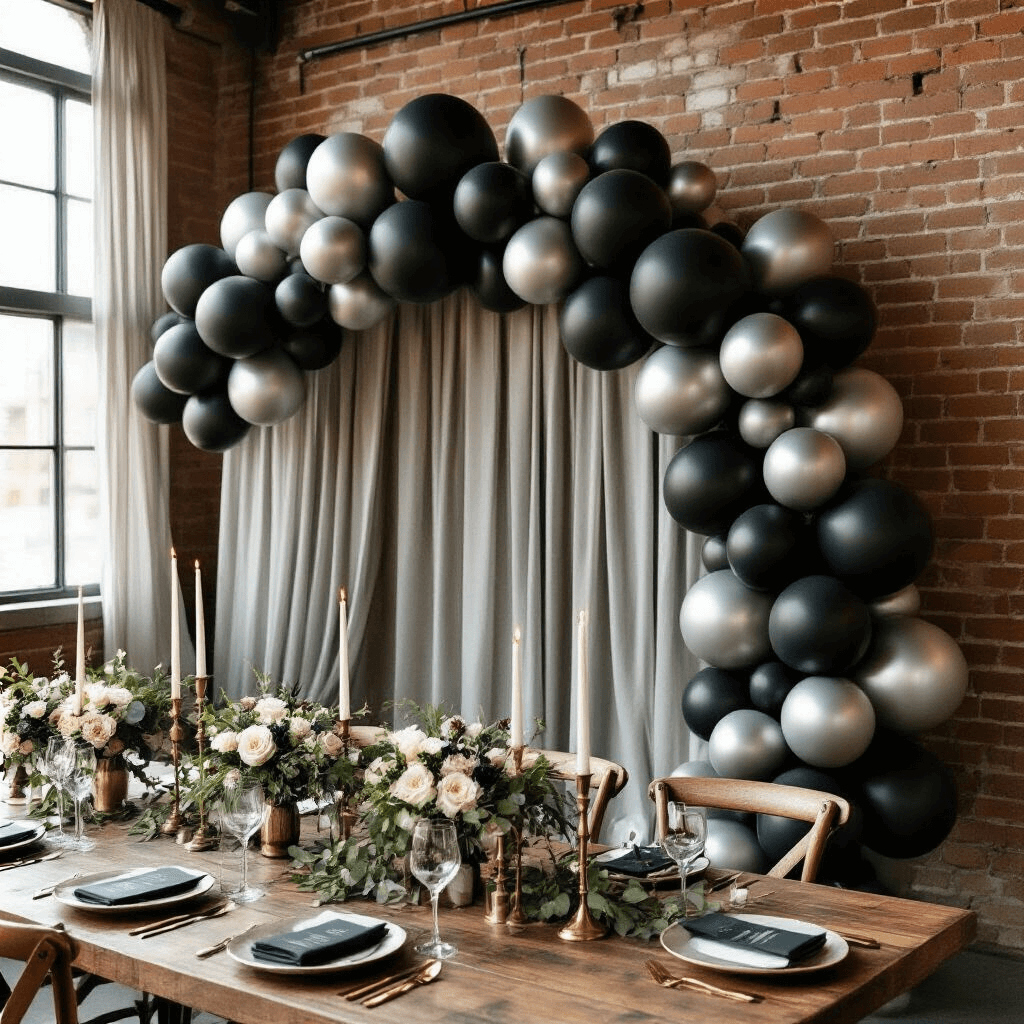 Close-up of a modern wedding reception with black matte and silver chrome balloon garlands against exposed brick walls, featuring terracotta and sage green accents, rustic wood tables with brass candlesticks, and sheer drapery for a soft touch.