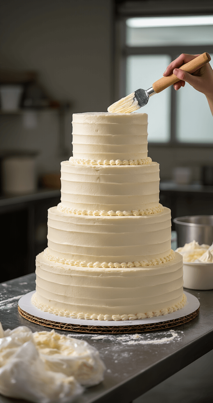 Elegant tiered wedding cake mid-decoration with smooth buttercream, wooden dowels for support, and pastry bags nearby, showcasing skilled cake assembly under studio lighting.