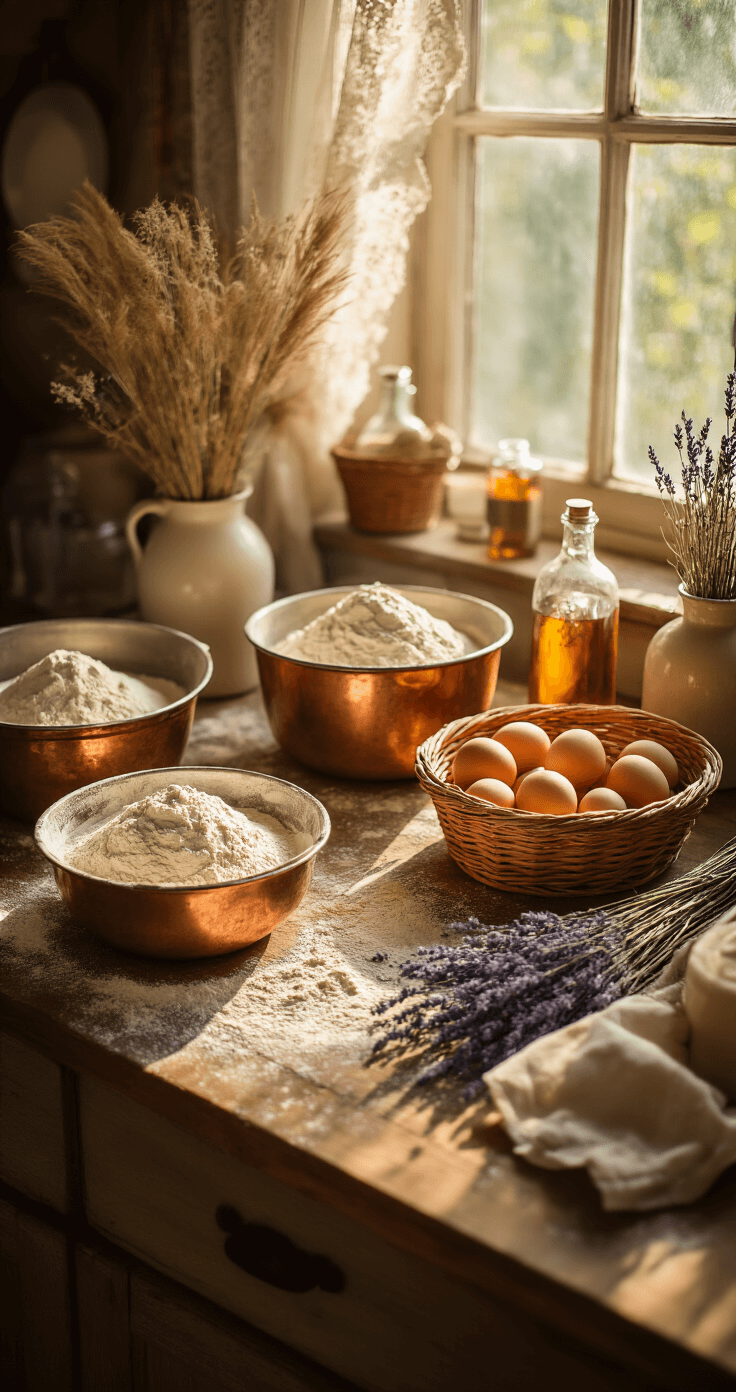 Cinematic overhead shot of a rustic kitchen counter with vintage baking tools, flour, farm-fresh eggs, and dried flowers, illuminated by warm afternoon light through lace curtains.