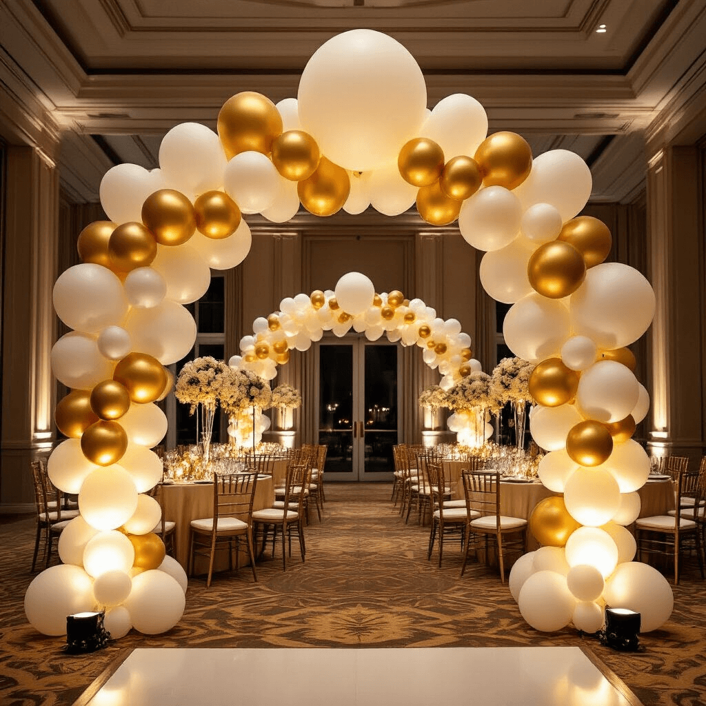 Wide-angle view of an elegant hotel ballroom during an evening cocktail hour, featuring gold and ivory decor, stylish silk linens, and crystal stemware. Massive statement balloons anchor balloon arches at the entrance, while ambient uplighting enhances the moody atmosphere and highlights professional balloon clusters suspended from the ceiling, showcasing sophisticated corporate branding.