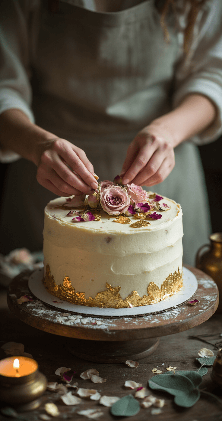 Intimate close-up of skilled hands decorating a textured buttercream cake with dried roses and gold leaf, surrounded by flower petals and sage leaves, illuminated by warm candlelight.
