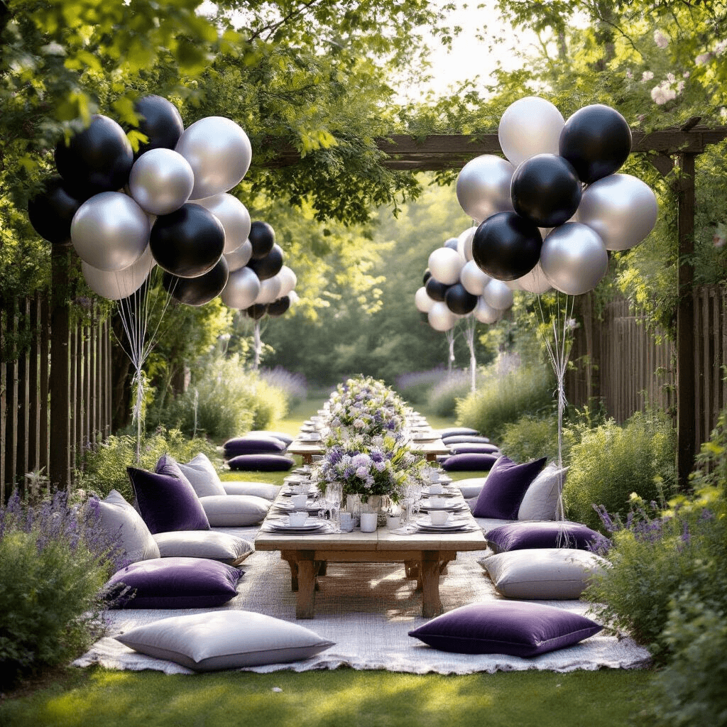 Whimsical garden party scene with black and silver balloon arrangements, picnic-style low tables with velvet floor cushions, and lavender and silver floral centerpieces, set in soft morning light with dappled shadows filtering through tree branches.