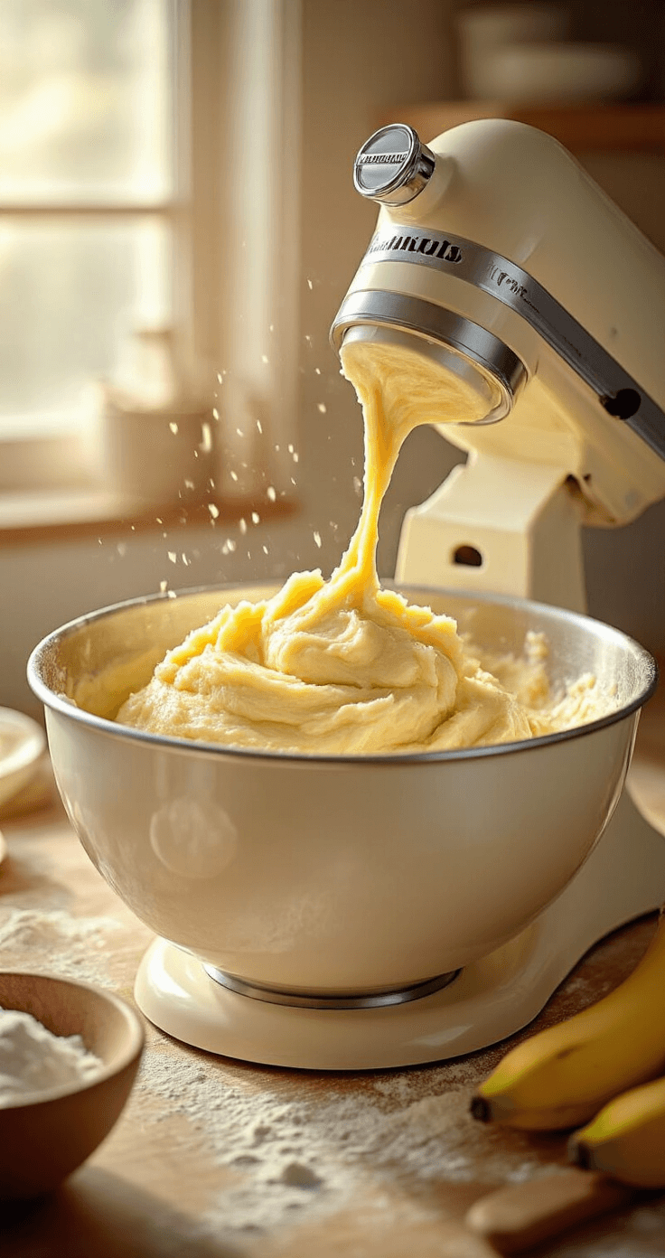 Cinematic close-up of a stand mixer bowl with creamy butter and sugar being whipped, golden mashed bananas added, warm lighting highlighting a rich batter, with flour-dusted countertops and wooden utensils nearby.