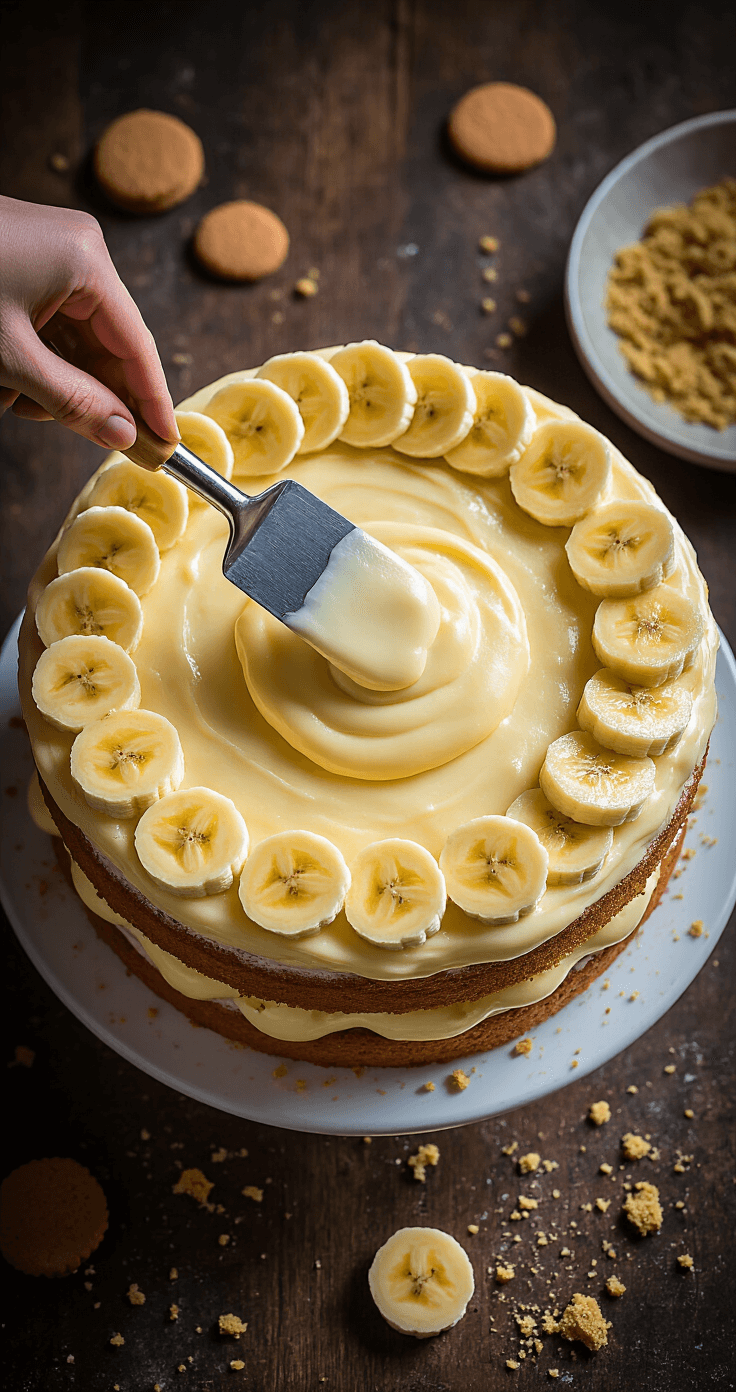 Overhead shot of banana pudding cake assembly, showcasing golden banana cake layers, silky vanilla pudding, circular banana slices, and crushed vanilla wafers under soft diffused lighting.