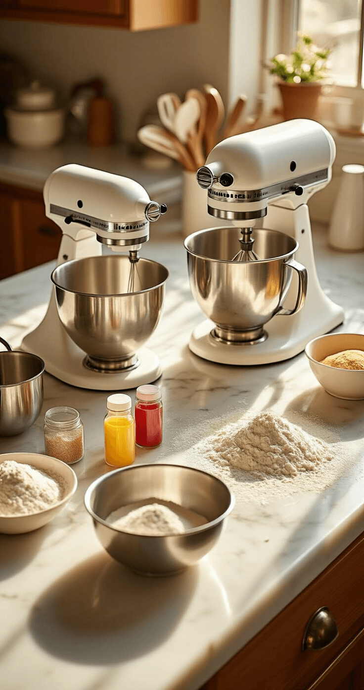 Cinematic overhead shot of a pristine marble kitchen counter with warm golden hour light, featuring arranged baking essentials like stainless steel mixing bowls, an electric mixer, flour dusting the surface, vibrant food coloring bottles, and measuring cups casting geometric shadows, with vintage ceramic cake pans in soft focus background.