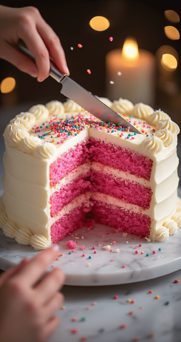 A close-up of a beautifully frosted white cake being sliced, revealing vibrant pink layers inside, adorned with colorful sprinkles, set on a marble plate with soft candlelight reflecting, capturing a magical moment of anticipation.