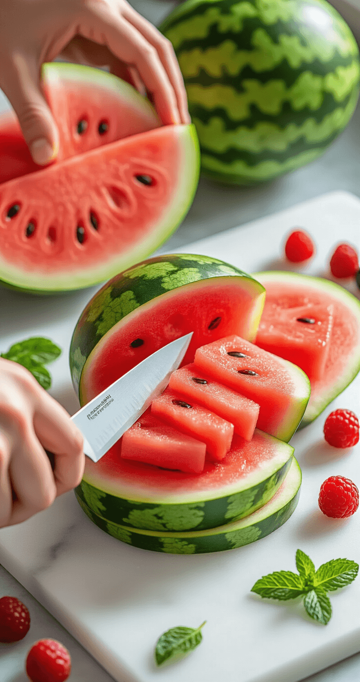 Close-up of hands slicing a large watermelon into cylindrical tiers on a marble cutting board, with vibrant red flesh, green rind, and a gleaming chef's knife. Fresh mint leaves and colorful berries are scattered around, enhancing the artisanal kitchen scene.