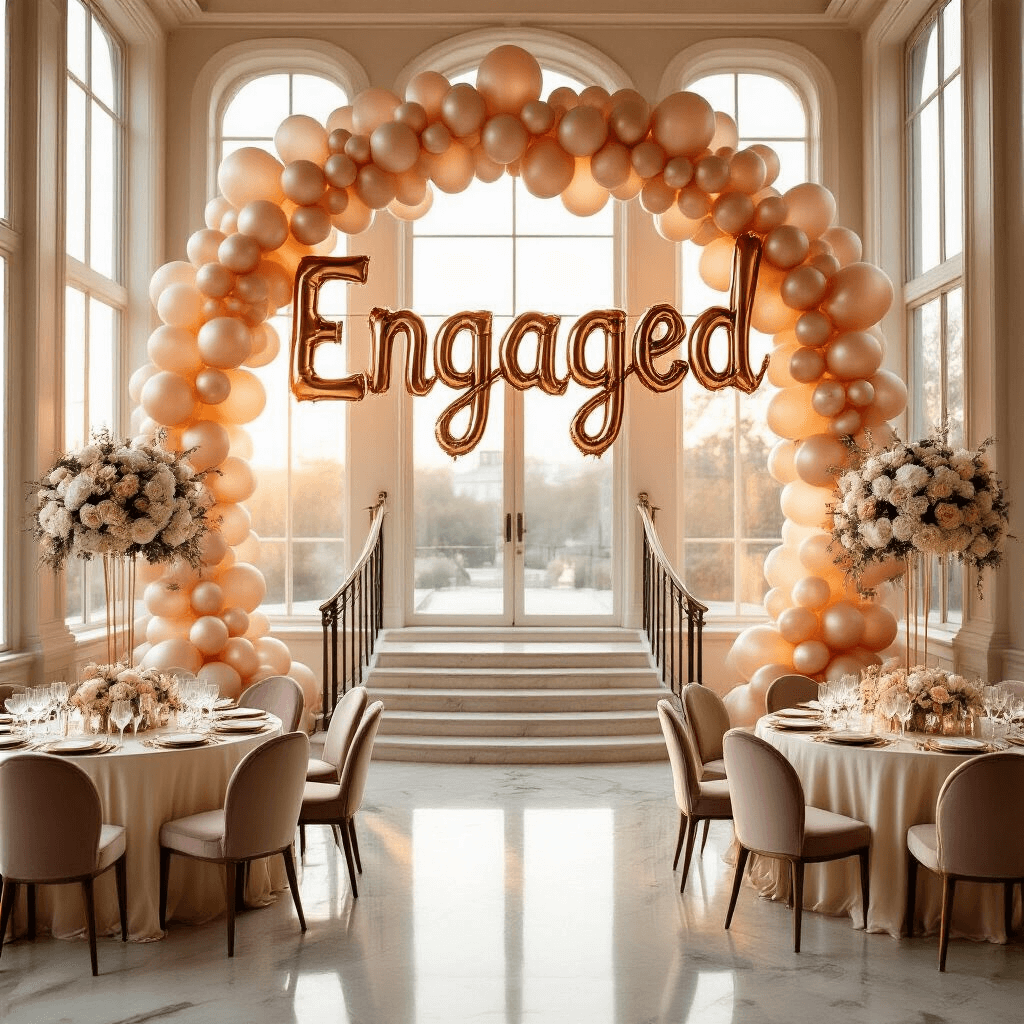 Elegant indoor engagement party in a ballroom with golden hour light, featuring a rose gold and blush balloon arch, cream silk-tabled round tables with gold-rimmed glassware and ivory florals, massive 'ENGAGED' foil balloons, marble floors, and intimate velvet seating.