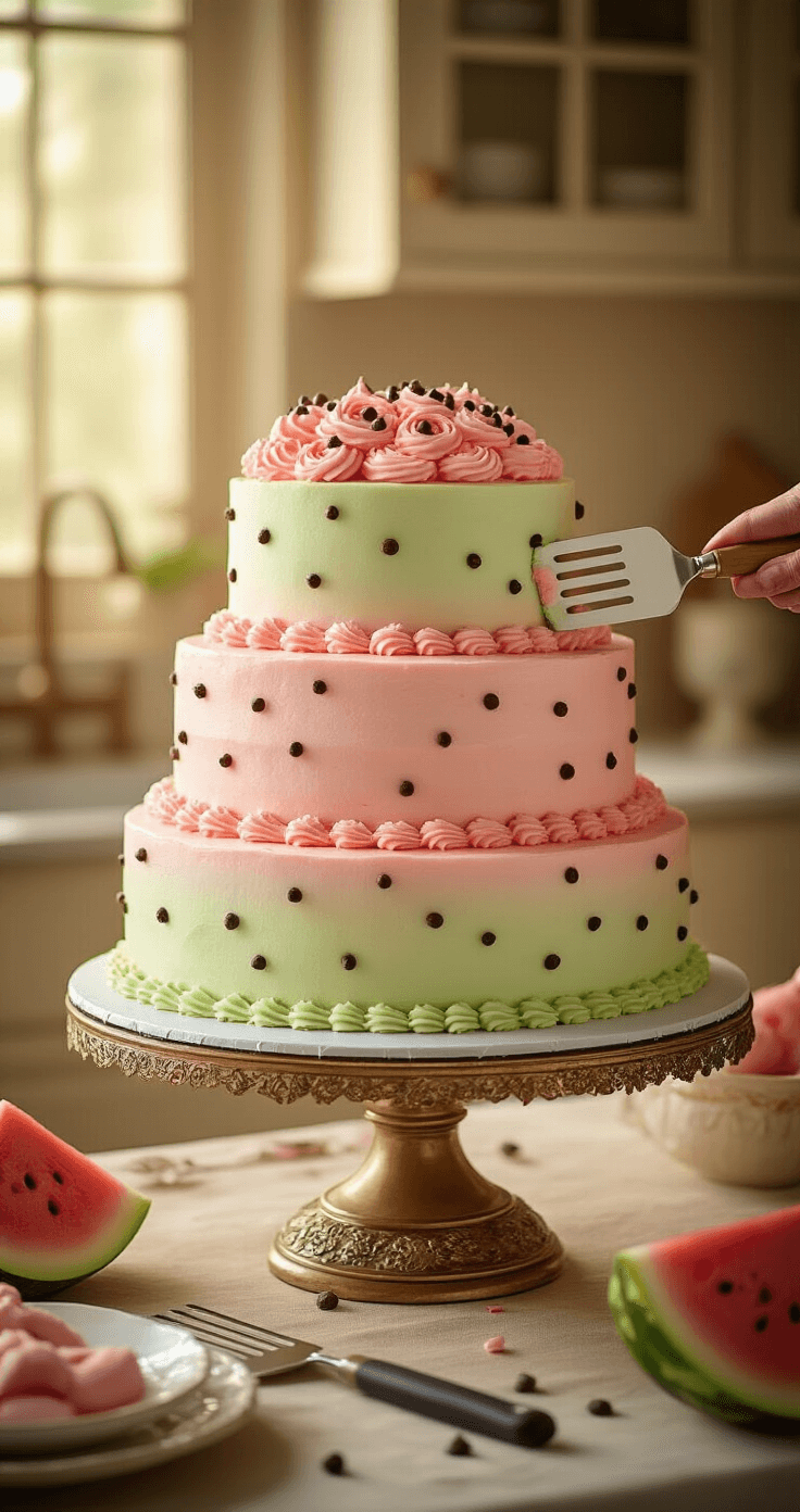 Elegant three-tier watermelon cake being assembled with pink buttercream frosting, decorated with chocolate chip seeds, in a luxurious kitchen setting with warm lighting.