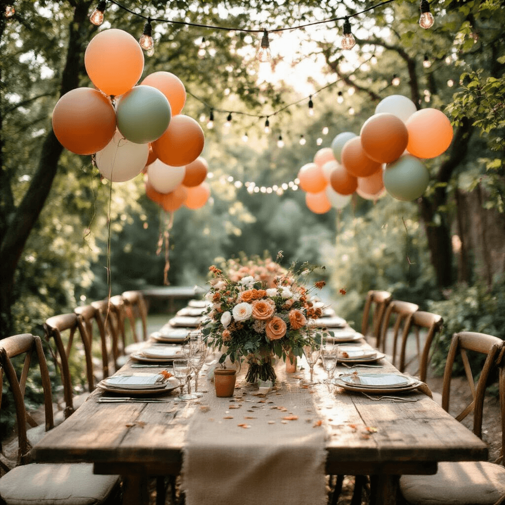 Intimate garden engagement celebration featuring rustic wooden tables adorned with sage and terracotta balloon bouquets, mixed metallic confetti-filled balloons, fresh florals, and burlap runners, all under soft morning light with fairy lights overhead and cozy seating.